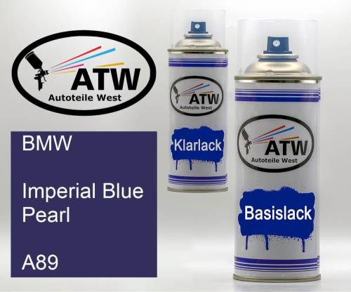 BMW, Imperial Blue Pearl, A89: 400ml Sprühdose + 400ml Klarlack - Set, von ATW Autoteile West.